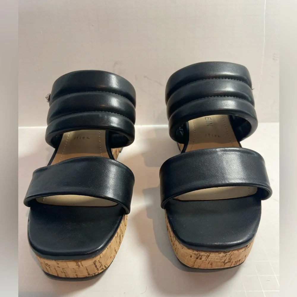 Anne Klein~Neutral~Black~Faux Leather~Open Toe~Slip-On Cork Wedge Sandal~Size 9